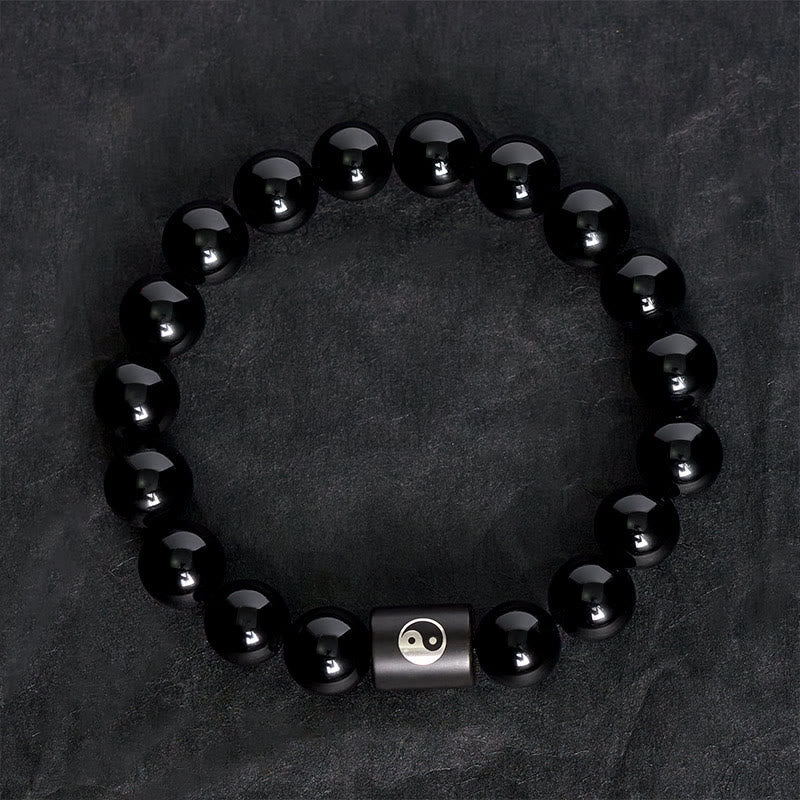 Buddha Stones Pulsera de cuentas cilíndricas con incrustaciones de madera de ébano y símbolo de equilibrio Yin Yang. - image 4
