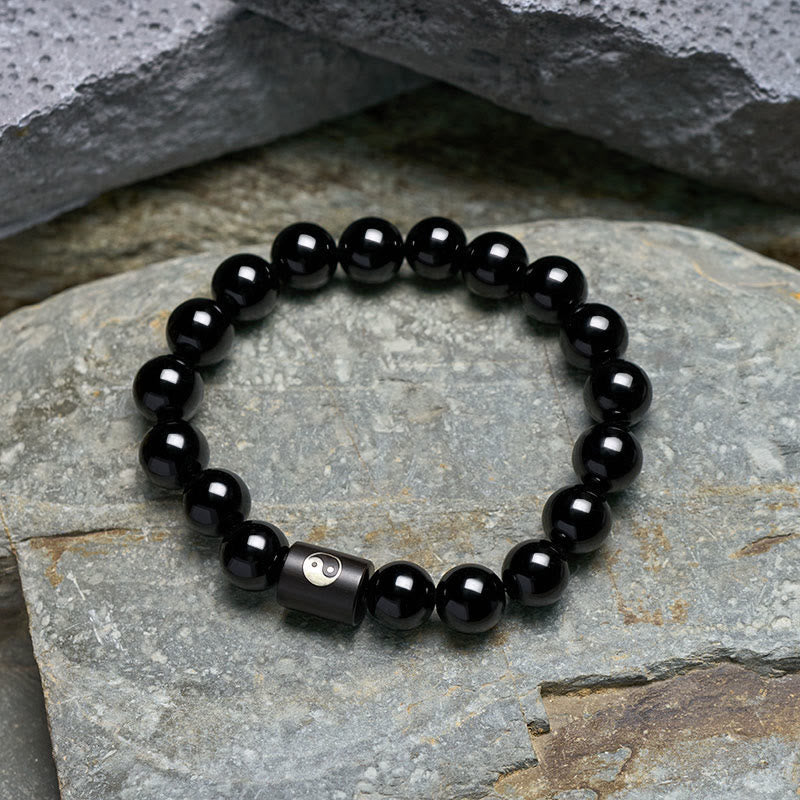 Buddha Stones Pulsera de cuentas cilíndricas con incrustaciones de madera de ébano y símbolo de equilibrio Yin Yang. - image 3