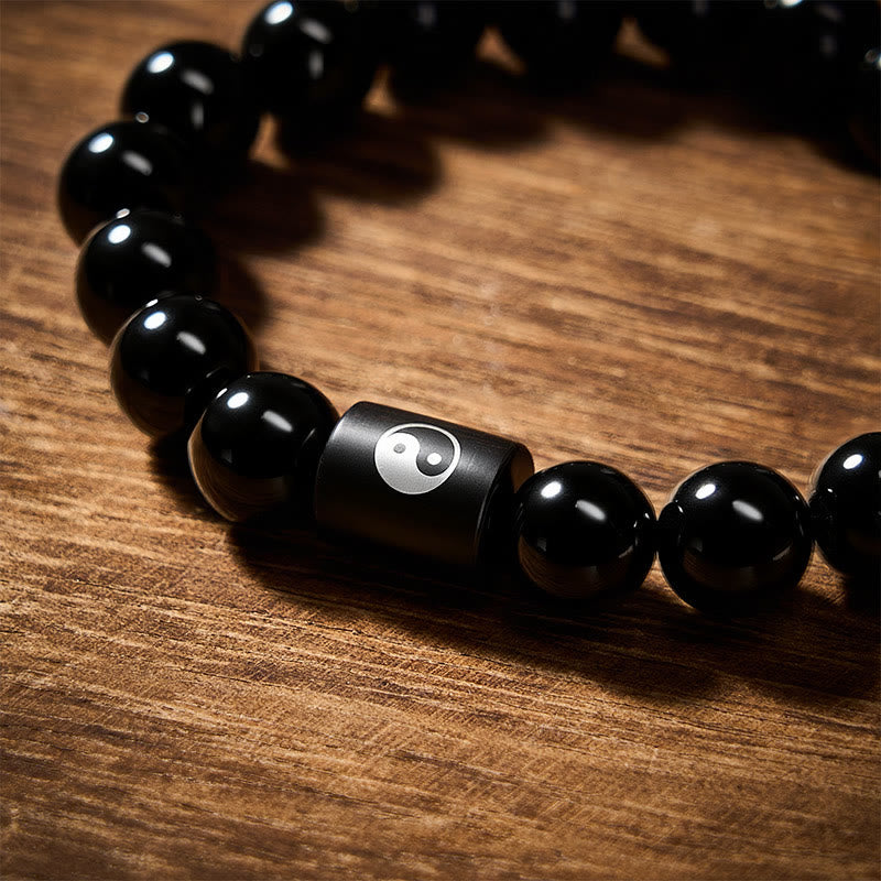 Buddha Stones Pulsera de cuentas cilíndricas con incrustaciones de madera de ébano y símbolo de equilibrio Yin Yang. - image 12