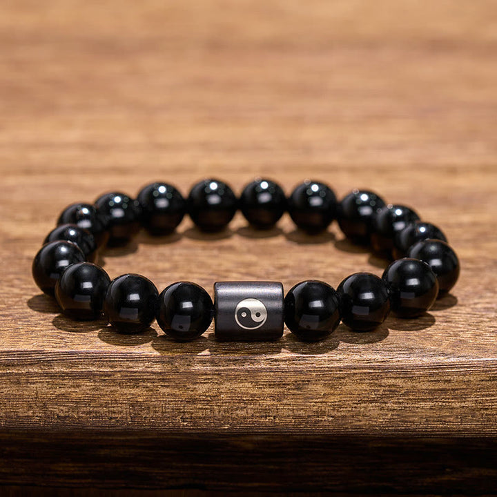 Buddha Stones Pulsera de cuentas cilíndricas con incrustaciones de madera de ébano y símbolo de equilibrio Yin Yang. - image 9