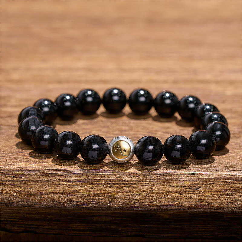 Buddha Stones Pulsera vintage redonda de cuentas con diseño de equilibrio Yin Yang en obsidiana negra - Yin Yang (Equilibrio ♥ Armonía) - image 0