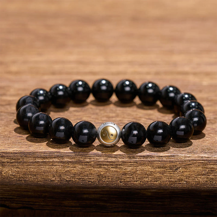 Buddha Stones Pulsera vintage redonda de cuentas con diseño de equilibrio Yin Yang en obsidiana negra - Yin Yang (Equilibrio ♥ Armonía) - image 0