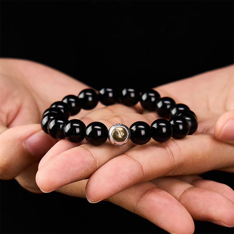 Buddha Stones Pulsera vintage redonda de cuentas con diseño de equilibrio Yin Yang en obsidiana negra - image 4