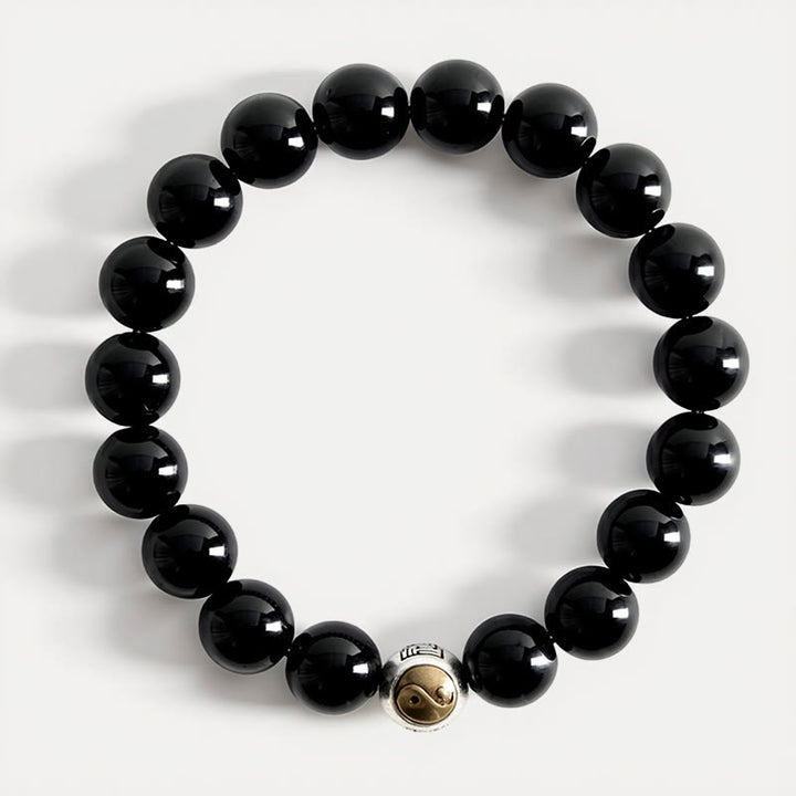 Buddha Stones Pulsera vintage redonda de cuentas con diseño de equilibrio Yin Yang en obsidiana negra - image 3