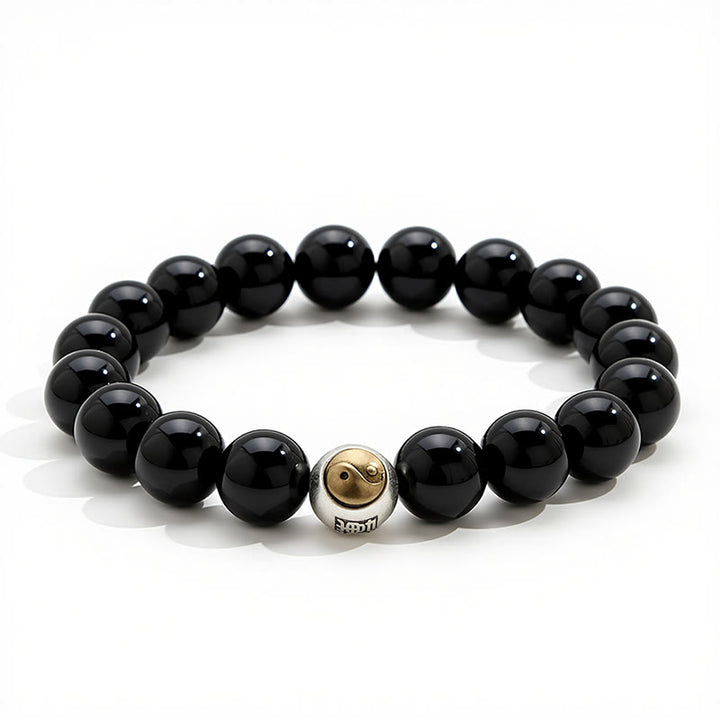 Buddha Stones Pulsera vintage redonda de cuentas con diseño de equilibrio Yin Yang en obsidiana negra - image 2