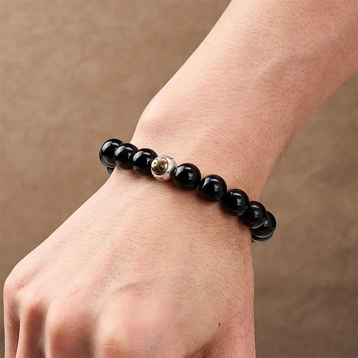 Buddha Stones Pulsera vintage redonda de cuentas con diseño de equilibrio Yin Yang en obsidiana negra - image 5