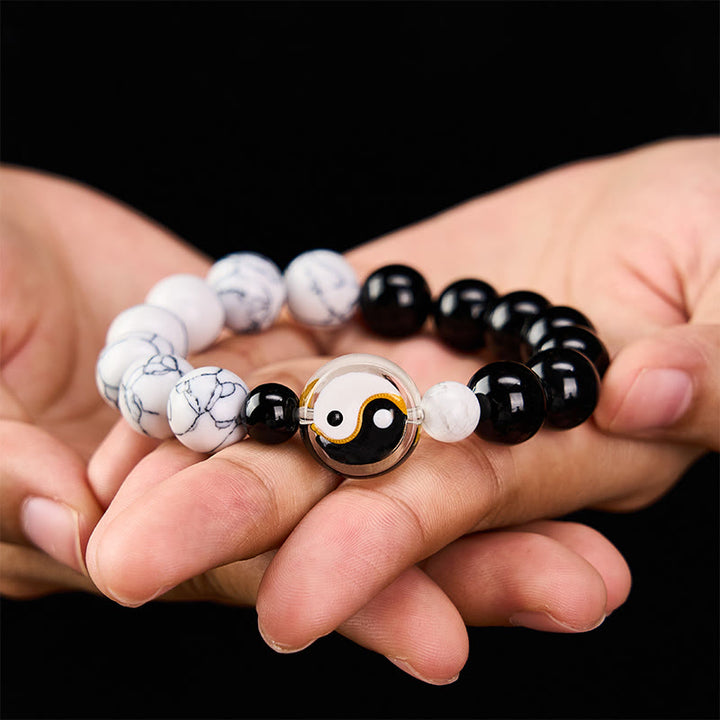 Buddha Stones Pulsera de cuentas redondas con cuentas planas de vidrio Liuli Yin Yang Balance - image 3