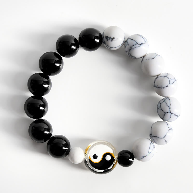 Buddha Stones Pulsera de cuentas redondas con cuentas planas de vidrio Liuli Yin Yang Balance - image 1
