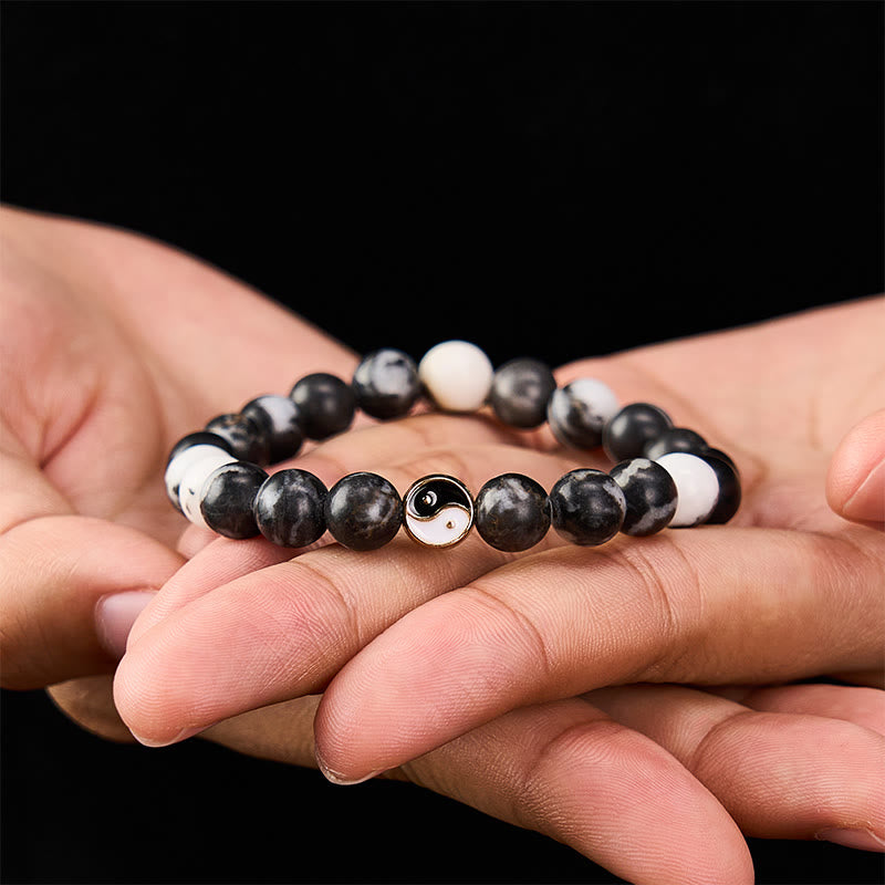 Buddha Stones Pulsera de cuentas redondas de ágata orca con diseño Yin Yang en armonía - Ágata orca (Protección ♥ Paz interior) - image 0