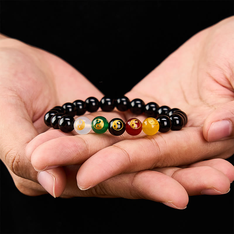 Buddha Stones Pulsera de cuentas redondas pulidas a mano con diseño de Yin Yang y ónix negro - image 2