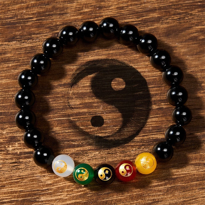 Buddha Stones Pulsera de cuentas redondas pulidas a mano con diseño de Yin Yang y ónix negro - Yin Yang (Armonía ♥ Equilibrio) - Ónix negro (Protección ♥ Fortuna) - image 0