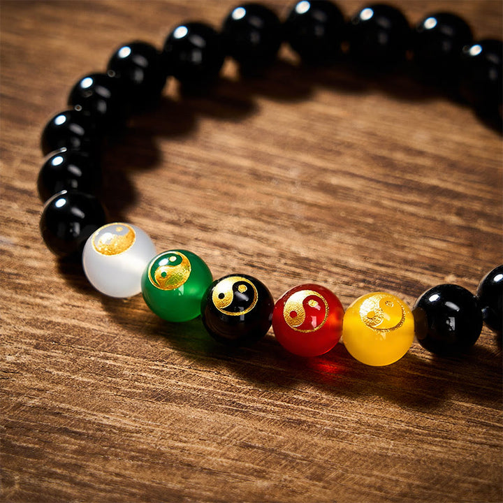 Buddha Stones Pulsera de cuentas redondas pulidas a mano con diseño de Yin Yang y ónix negro - image 4