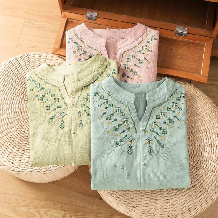 Buddha Stones Camisas de manga tres cuartos para mujer, estilo bohemio casual de verano, con bordado geométrico floral y cuello en V. - image 23