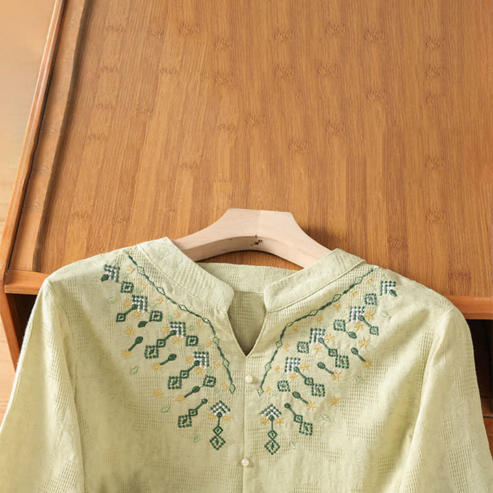 Buddha Stones Camisas de manga tres cuartos para mujer, estilo bohemio casual de verano, con bordado geométrico floral y cuello en V. - image 17