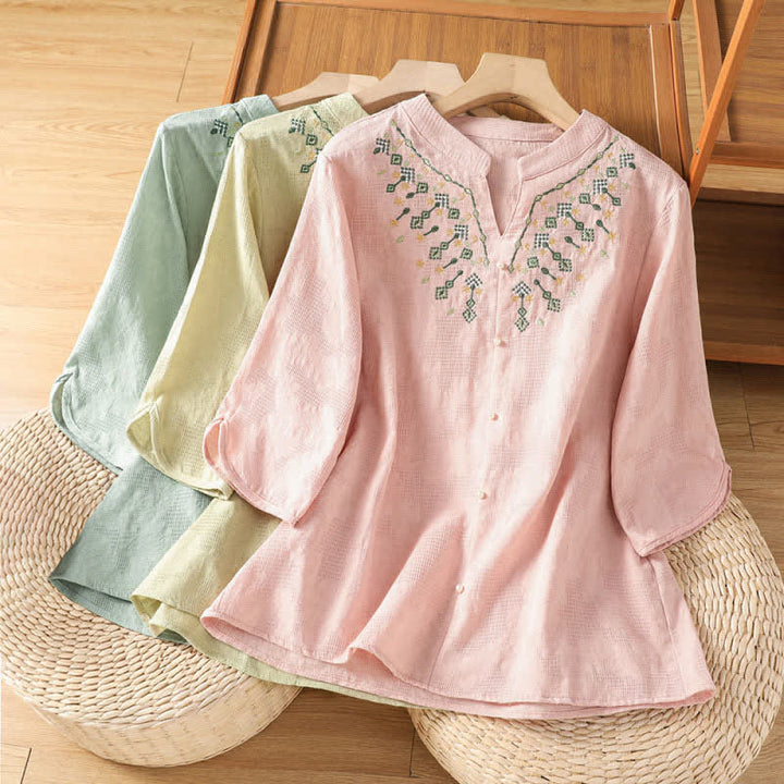 Buddha Stones Camisas de manga tres cuartos para mujer, estilo bohemio casual de verano, con bordado geométrico floral y cuello en V. - image 22