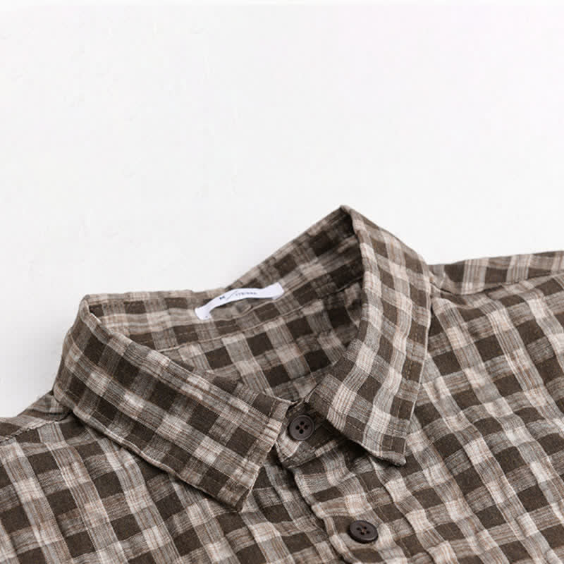 Buddha Stones Camisas de manga corta para hombre, estilo casual de verano, con botones y estampado a cuadros vintage. - image 1