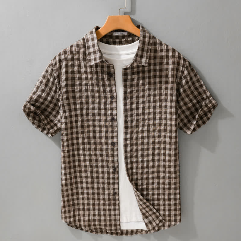 Buddha Stones Camisas de manga corta para hombre, estilo casual de verano, con botones y estampado a cuadros vintage. - Marrón silla de montar - US/UK/AU42, EU52 (3XL) - image 0