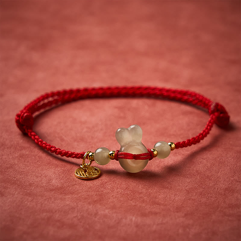 Buddha Stones Hebilla de la paz con cabeza de conejo de jade Hetian, personaje Fu, pulsera vintage de cuerda roja con conexión a tierra. - image 1