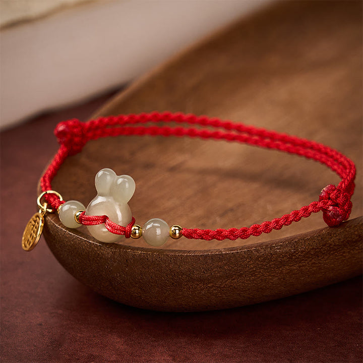 Buddha Stones Hebilla de la paz con cabeza de conejo de jade Hetian, personaje Fu, pulsera vintage de cuerda roja con conexión a tierra. - image 3