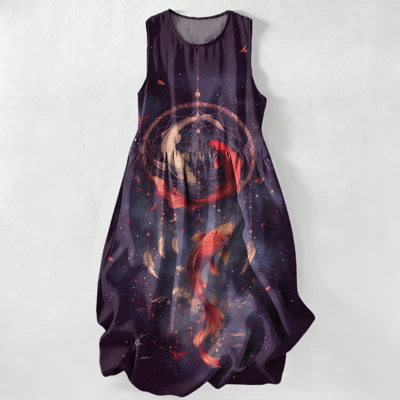 Buddha Stones Vestido midi de verano informal para mujer con estampado de plumas de peces koi gemelos y bolsillos. - Índigo - US16，UK/AU20，EU48 (3XL) - image 4
