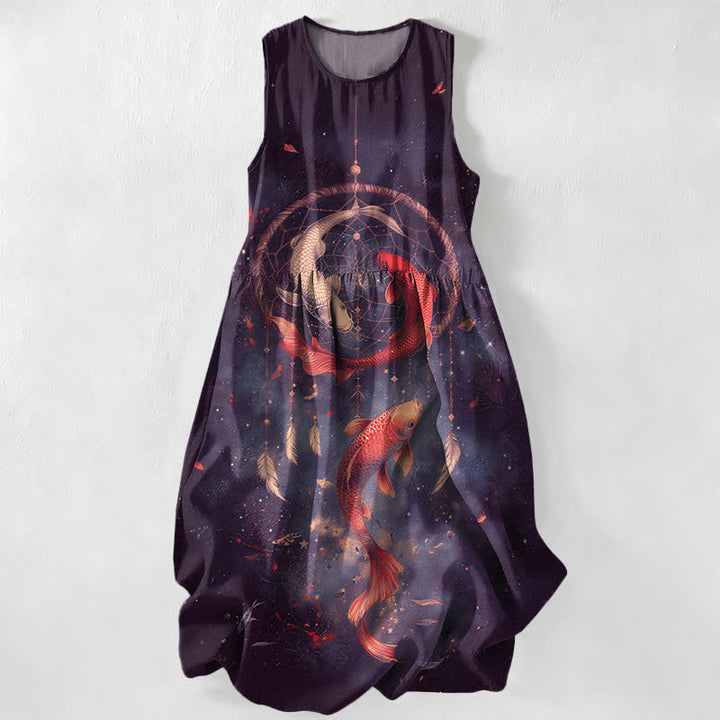 Buddha Stones Vestido midi de verano informal para mujer con estampado de plumas de peces koi gemelos y bolsillos. - Índigo - US16，UK/AU20，EU48 (3XL) - image 4
