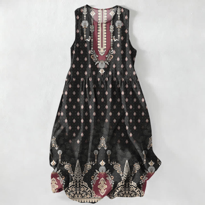 Buddha Stones Vestido midi de verano informal rosa con estampado floral étnico para mujer, sin mangas y con bolsillos. - Negro - US16，UK/AU20，EU48 (3XL) - image 0