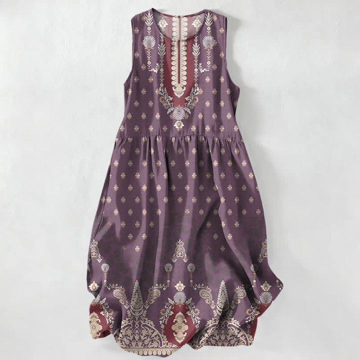 Buddha Stones Vestido midi de verano informal rosa con estampado floral étnico para mujer, sin mangas y con bolsillos. - Púrpura - US16，UK/AU20，EU48 (3XL) - image 4