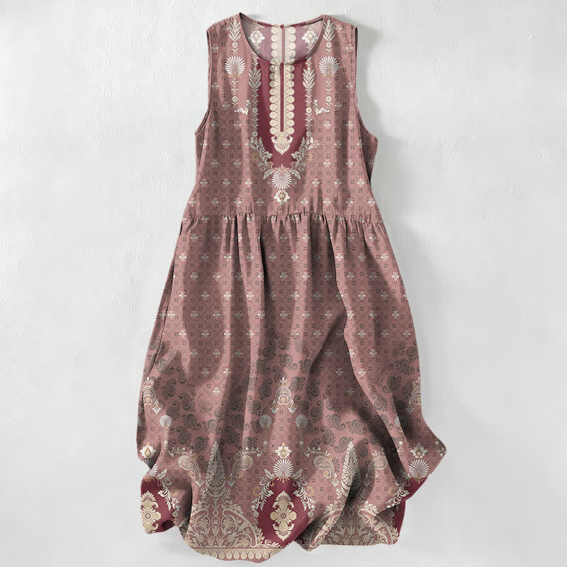 Buddha Stones Vestido midi de verano informal rosa con estampado floral étnico para mujer, sin mangas y con bolsillos. - Marrón rosado - US16，UK/AU20，EU48 (3XL) - image 5