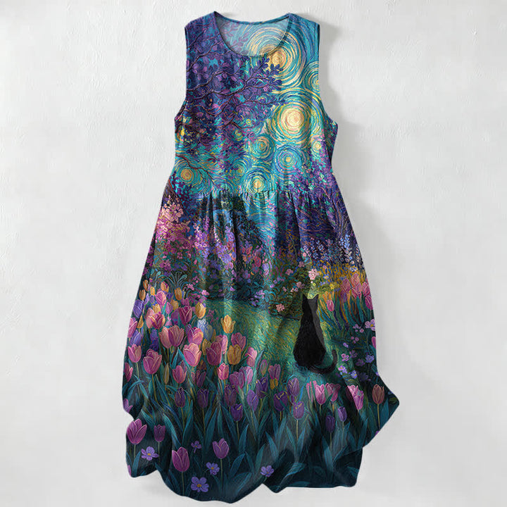 Buddha Stones Vestido midi sin mangas para mujer con bolsillos, estilo pintura al óleo informal de verano, estampado floral con remolinos y gato negro. - DodgerBlue - US16，UK/AU20，EU48 (3XL) - image 0