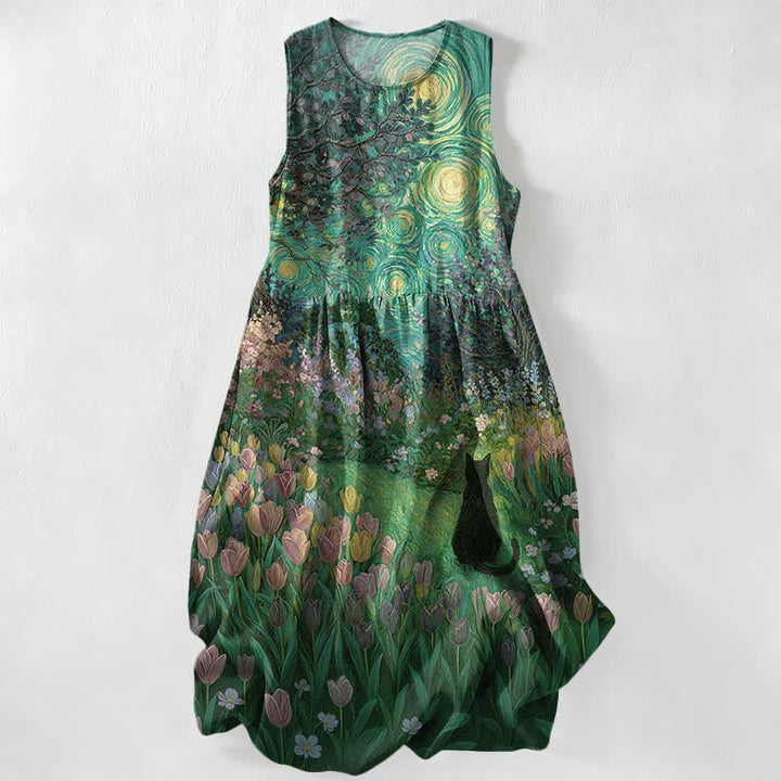 Buddha Stones Vestido midi sin mangas para mujer con bolsillos, estilo pintura al óleo informal de verano, estampado floral con remolinos y gato negro. - Verde bosque - US16，UK/AU20，EU48 (3XL) - image 5