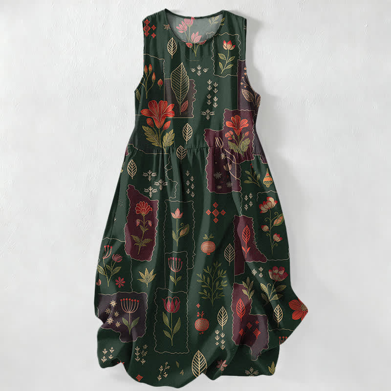 Buddha Stones Vestido midi de verano informal vintage con estampado floral de patchwork y hojas para mujer, sin mangas y con bolsillos. - Verde oscuro - US16，UK/AU20，EU48 (3XL) - image 0