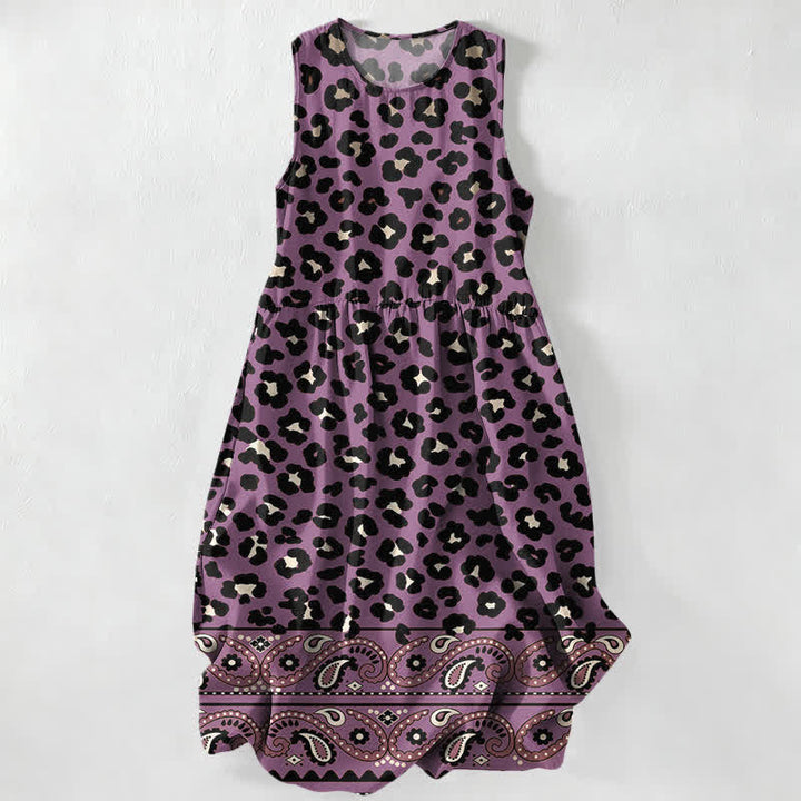 Buddha Stones Vestido midi de verano informal vintage para mujer con estampado de leopardo y cachemir, sin mangas y con bolsillos. - Morado medio - US16，UK/AU20，EU48 (3XL) - image 4