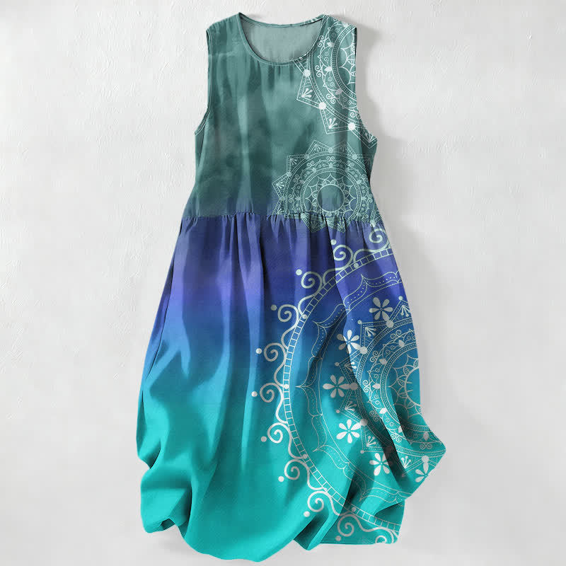 Buddha Stones Vestido midi de verano informal estilo boho con estampado de mandala degradado para mujer, sin mangas y con bolsillos. - Verde mar claro - US16，UK/AU20，EU48 (3XL) - image 0