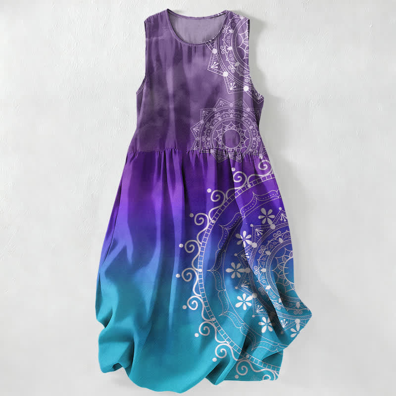 Buddha Stones Vestido midi de verano informal estilo boho con estampado de mandala degradado para mujer, sin mangas y con bolsillos. - Violeta azul - US16，UK/AU20，EU48 (3XL) - image 4