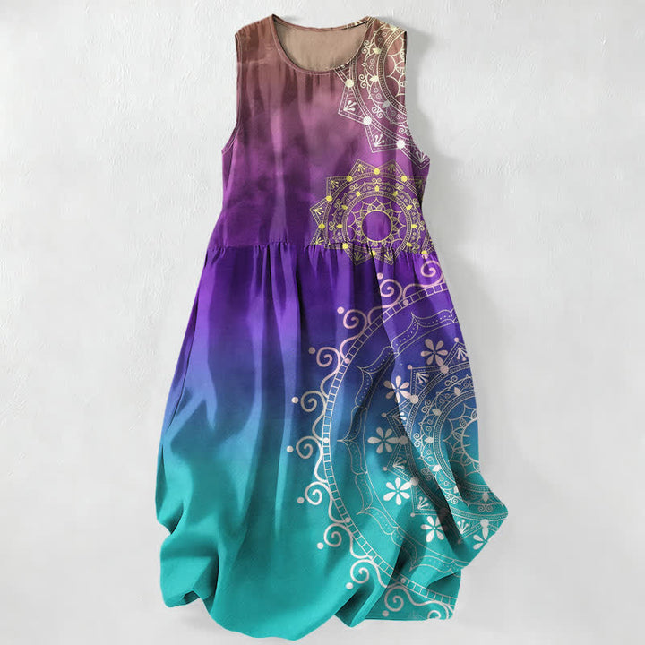 Buddha Stones Vestido midi de verano informal estilo boho con estampado de mandala degradado para mujer, sin mangas y con bolsillos. - Perú - US16，UK/AU20，EU48 (3XL) - image 5