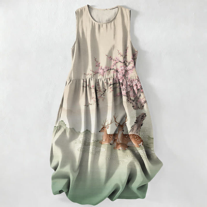 Buddha Stones Vestido midi de verano informal para mujer con estampado de paisaje de ciervos Sika y árbol de durazno en flor. - Beige - US16，UK/AU20，EU48 (3XL) - image 0