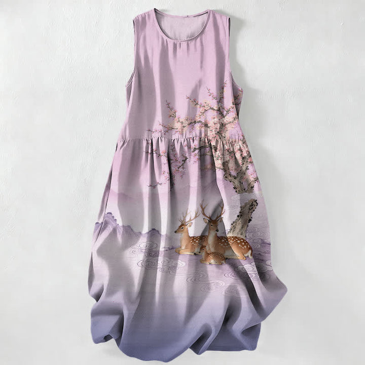 Buddha Stones Vestido midi de verano informal para mujer con estampado de paisaje de ciervos Sika y árbol de durazno en flor. - Cardo - US16，UK/AU20，EU48 (3XL) - image 4