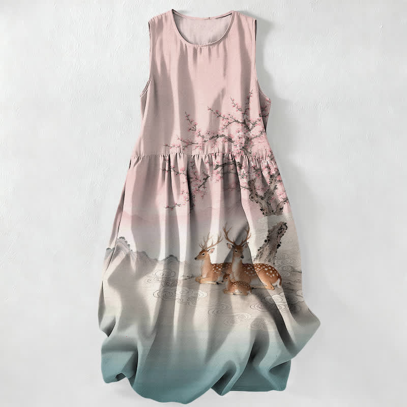 Buddha Stones Vestido midi de verano informal para mujer con estampado de paisaje de ciervos Sika y árbol de durazno en flor. - rosa claro - US16，UK/AU20，EU48 (3XL) - image 5