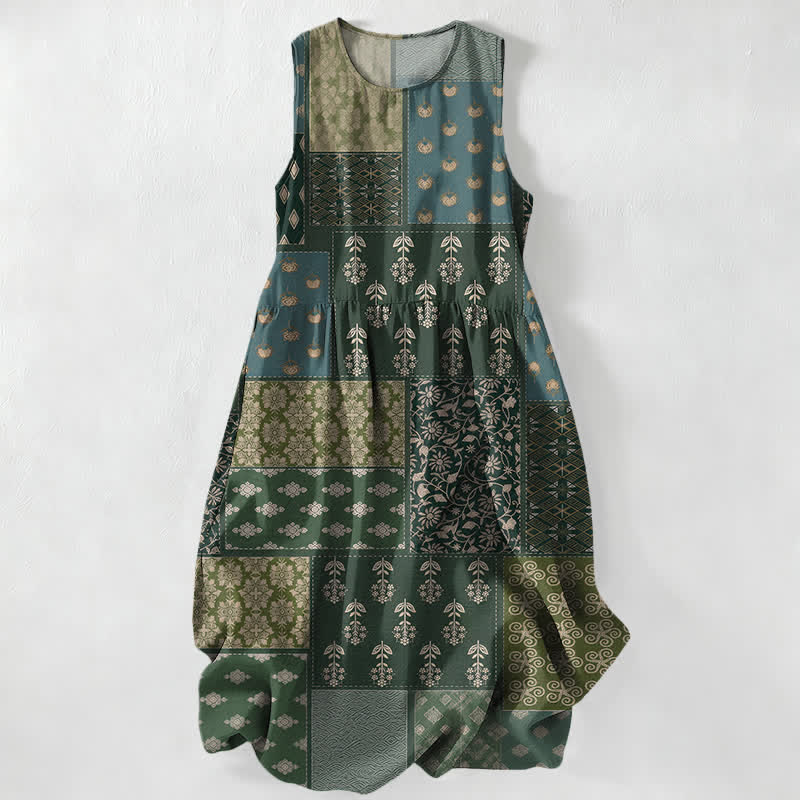 Buddha Stones Vestido midi de verano informal vintage con estampado floral de patchwork y hojas para mujer, sin mangas y con bolsillos. - Verde oliva oscuro - US16，UK/AU20，EU48 (3XL) - image 0