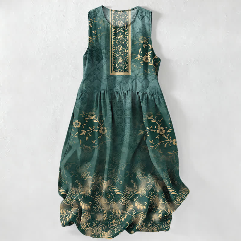 Buddha Stones Vestido midi de verano informal vintage para mujer con estampado floral de enredaderas y sin mangas, con bolsillos. - Verdemar - US16，UK/AU20，EU48 (3XL) - image 0