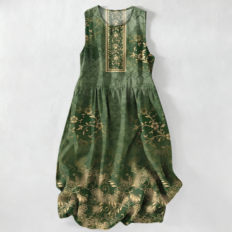 Buddha Stones Vestido midi de verano informal vintage para mujer con estampado floral de enredaderas y sin mangas, con bolsillos. - Verde oliva oscuro - US16，UK/AU20，EU48 (3XL) - image 4