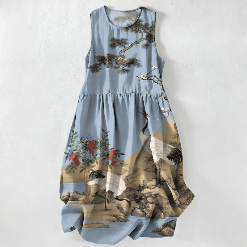 Buddha Stones Vestido midi sin mangas de verano para mujer con estampado de flores rojas, grullas, ciruelos, flores de pino y ramas, con bolsillos. - Azul acero claro - US16，UK/AU20，EU48 (3XL) - image 4