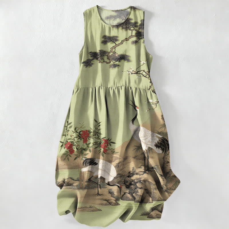 Buddha Stones Vestido midi sin mangas de verano para mujer con estampado de flores rojas, grullas, ciruelos, flores de pino y ramas, con bolsillos. - Verde amarillento - US16，UK/AU20，EU48 (3XL) - image 5