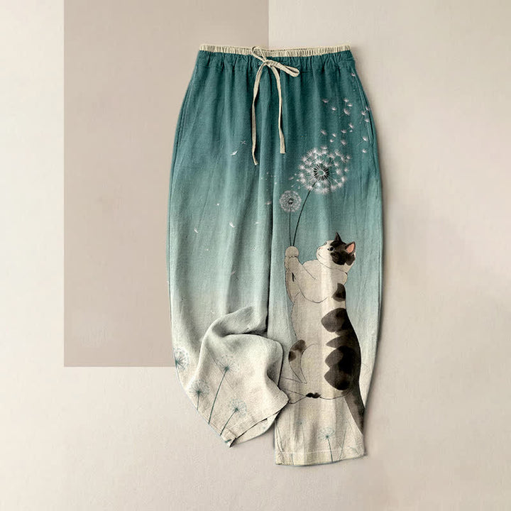 Buddha Stones Pantalones de mujer de algodón puro con estampado de vaca, gato y diente de león, cintura elástica y bolsillos. - Azul cadete - US16，UK/AU20，EU48 (3XL) - image 0