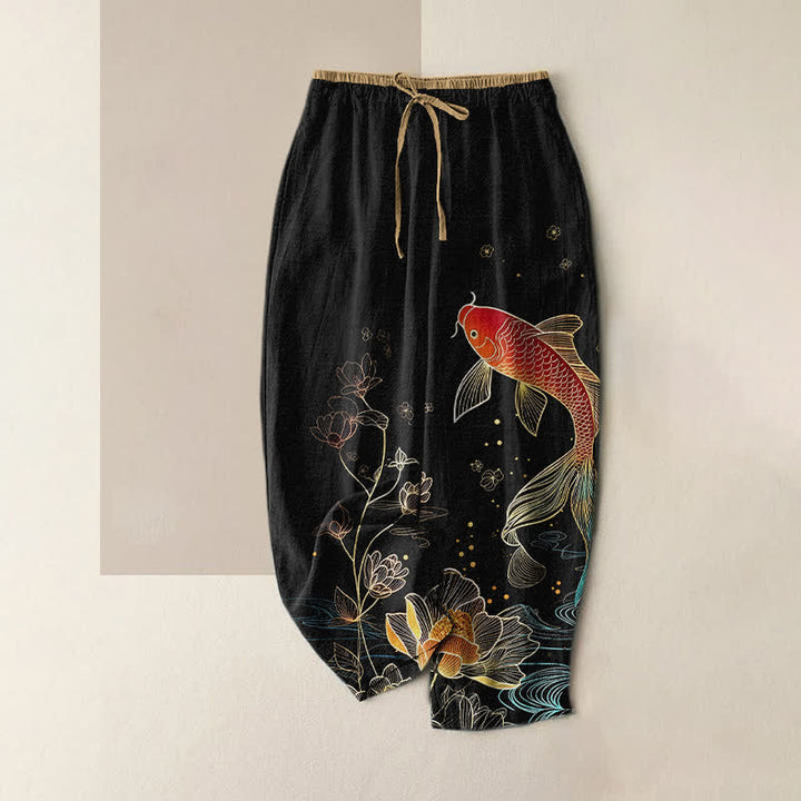 Buddha Stones Pantalones de mujer de algodón puro con estampado de peces koi y loto dorado, cintura elástica y bolsillos. - Negro - US16，UK/AU20，EU48 (3XL) - image 0
