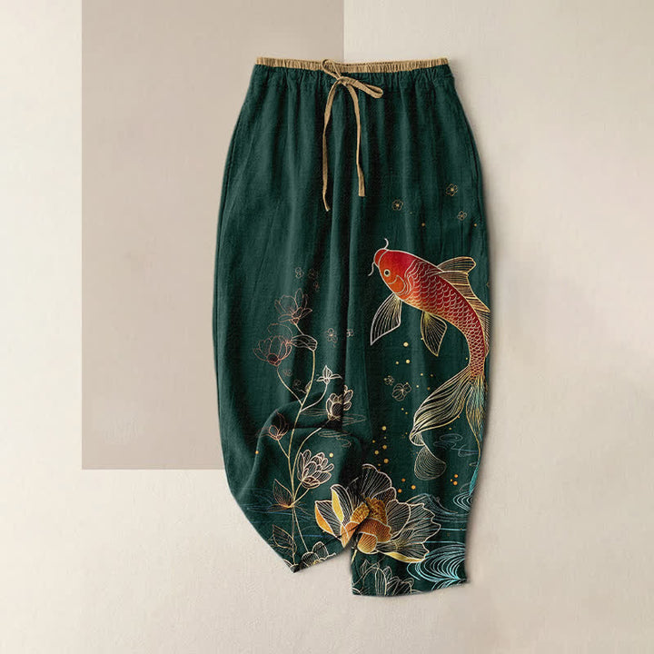 Buddha Stones Pantalones de mujer de algodón puro con estampado de peces koi y loto dorado, cintura elástica y bolsillos. - Verde oscuro - US16，UK/AU20，EU48 (3XL) - image 4