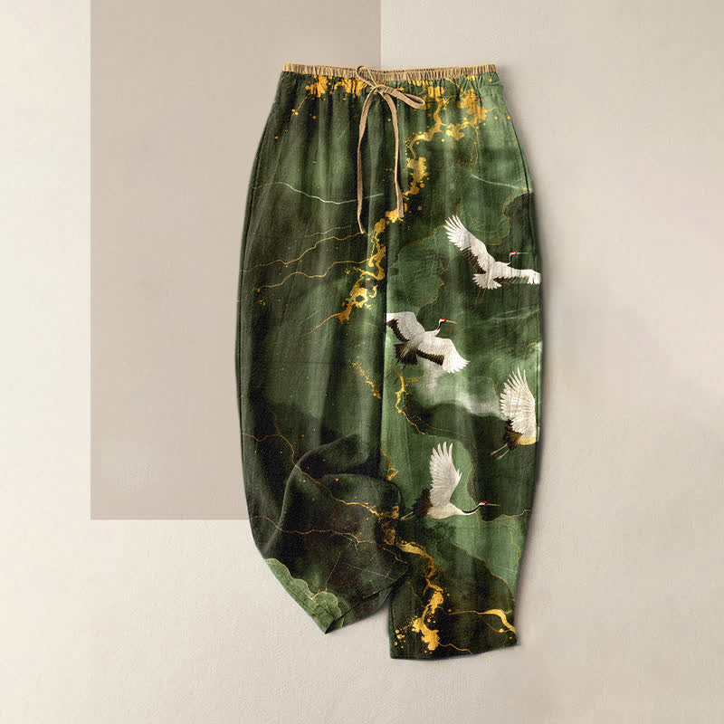 Buddha Stones Pantalones de mujer de algodón puro, elegantes, blancos, con estampado de grullas y detalles dorados, cintura elástica y bolsillos. - Verde oliva oscuro - US16，UK/AU20，EU48 (3XL) - image 4