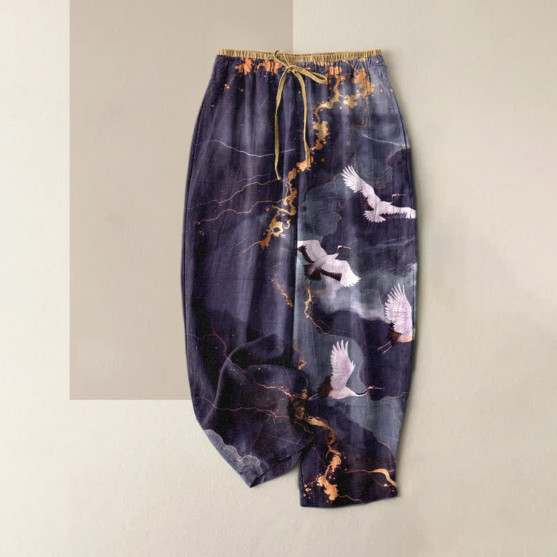 Buddha Stones Pantalones de mujer de algodón puro, elegantes, blancos, con estampado de grullas y detalles dorados, cintura elástica y bolsillos. - Violeta azul - US16，UK/AU20，EU48 (3XL) - image 5
