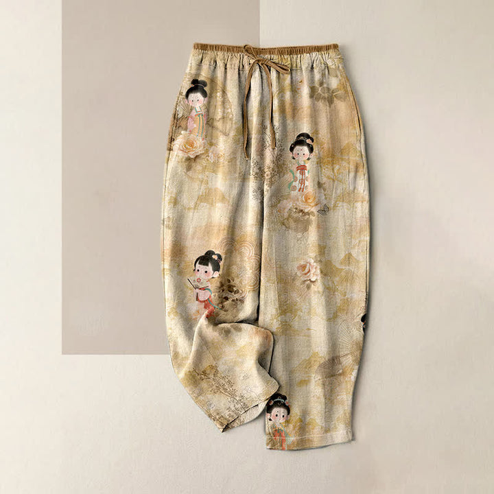 Buddha Stones Pantalones de mujer de algodón puro con estampado floral vintage Geisha, cintura elástica y bolsillos. - BurlyWood - US16，UK/AU20，EU48 (3XL) - image 0