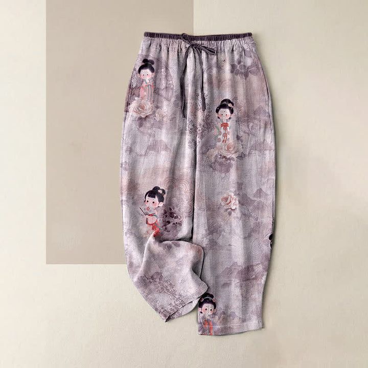 Buddha Stones Pantalones de mujer de algodón puro con estampado floral vintage Geisha, cintura elástica y bolsillos. - Ciruela - US16，UK/AU20，EU48 (3XL) - image 4